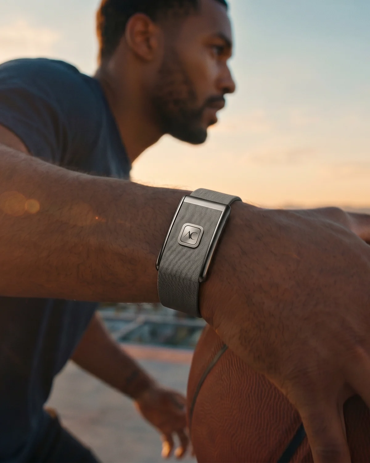 A man wearing the AverFit Band at golden hour